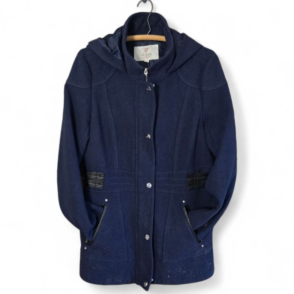 GUESS Los Angeles Women’s Wool Blend Hooded Pea Coat Navy Large - Picture 2 of 14
